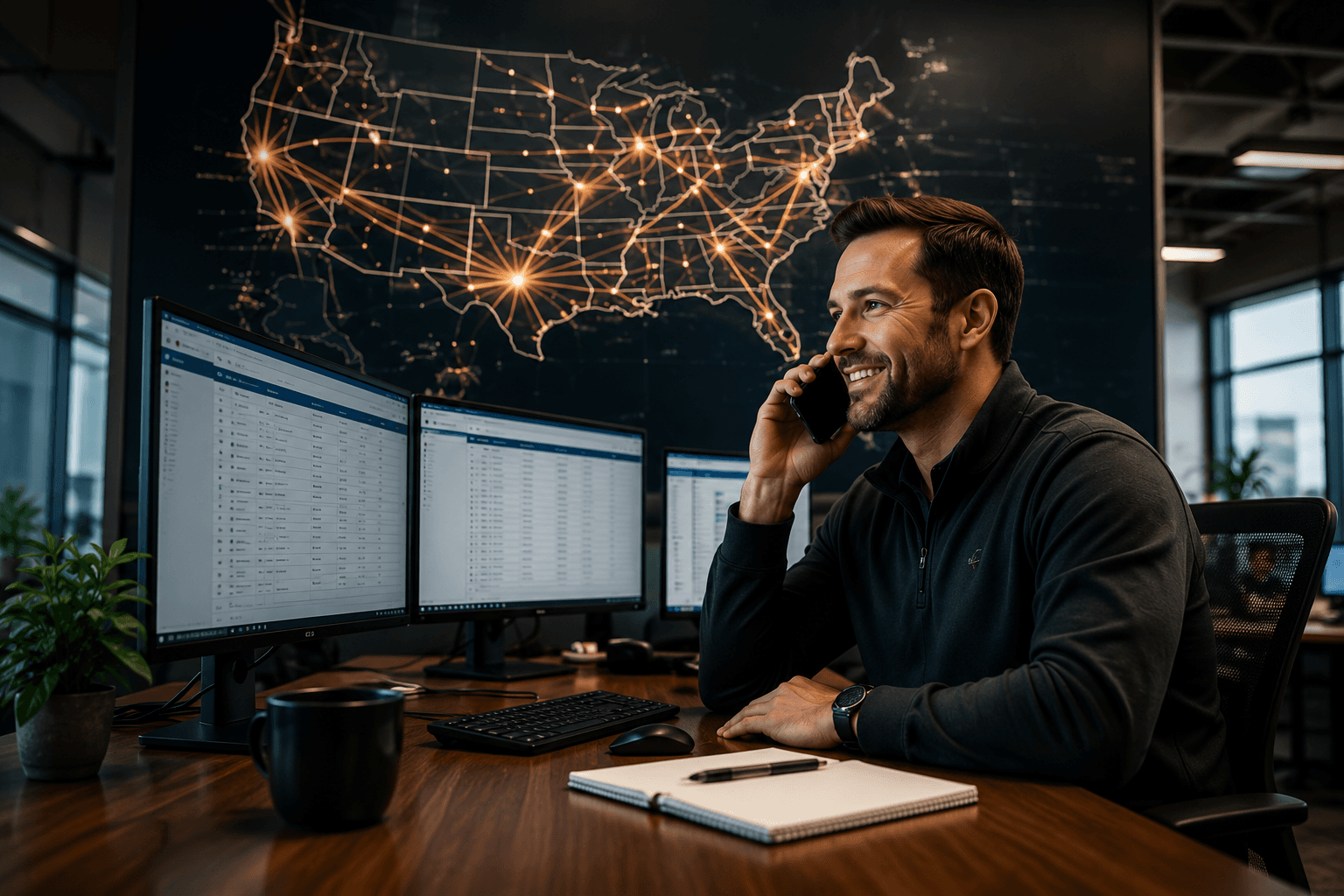 Freight broker on the phone in front of a live US freight map and load screens