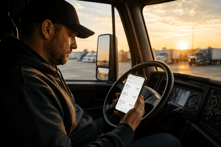 Owner-operator in the cab checking loads on a phone at sunrise