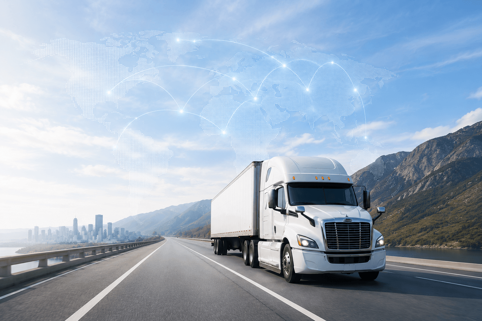 Semi truck on an open highway under a connected-network sky